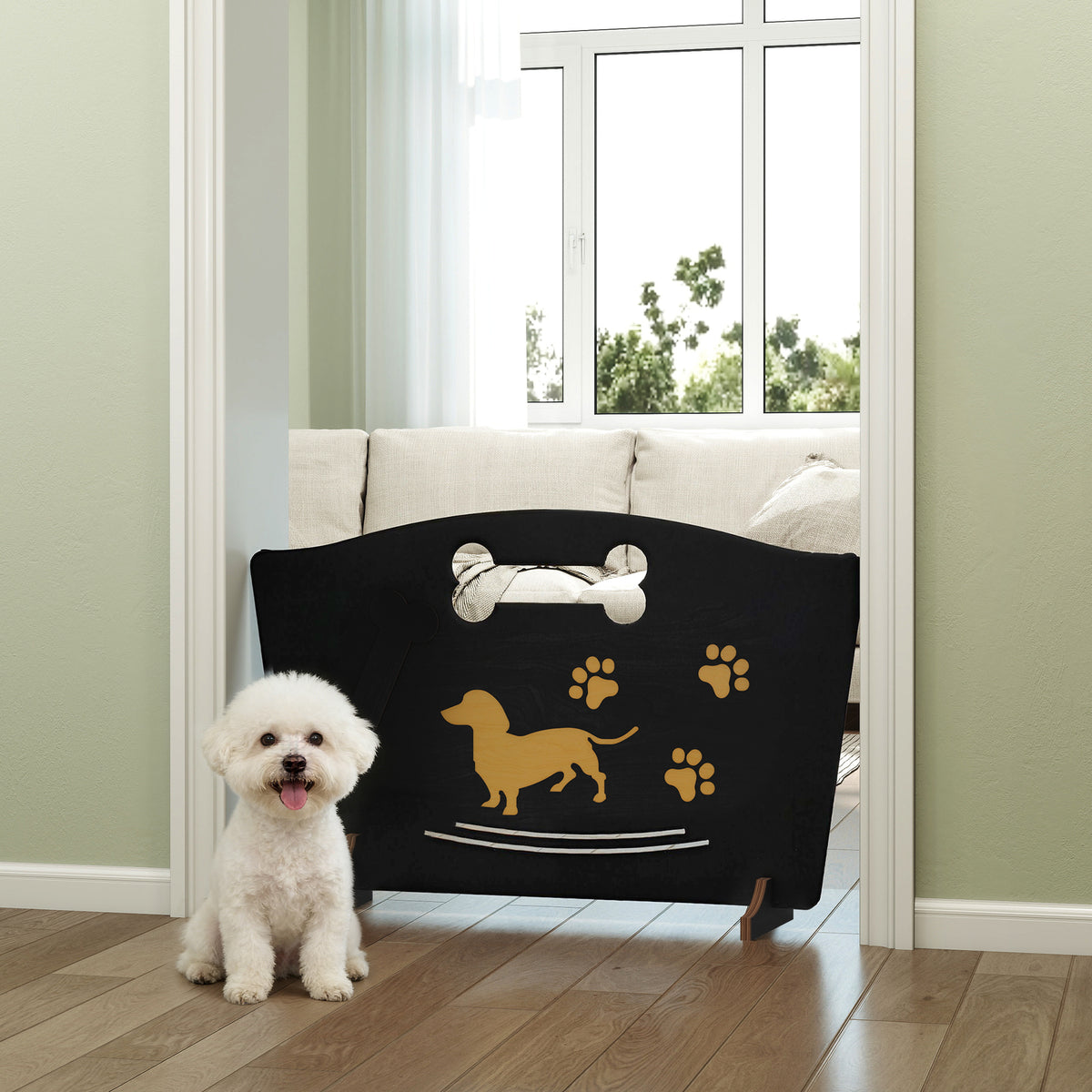 PawHut Wooden Dog Stopper, Dog Barrier with Support Feet, for Stair, Patio, Very Easy Setup, Black, 75 x 51 cm