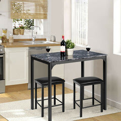 The dining room set placed in a bright kitchen with a wooden worktop and a window in the background