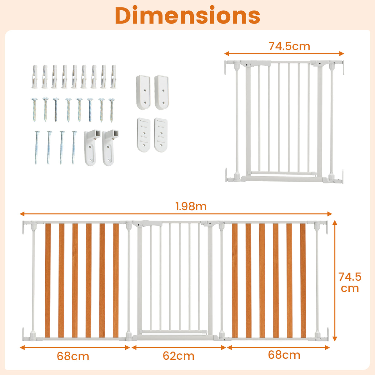 198 CM Extra Wide Configurable Baby Gate 3-Panel Indoor Wood Metal Pet Gate-Natural & White