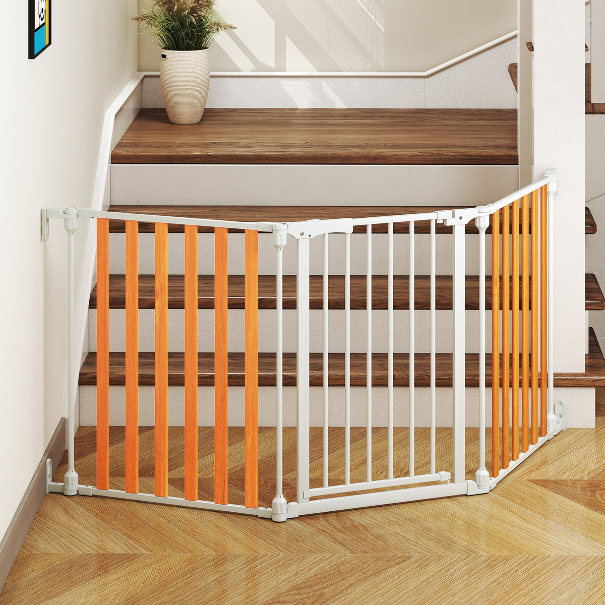 198 CM Extra Wide Configurable Baby Gate 3-Panel Indoor Wood Metal Pet Gate-Natural & White