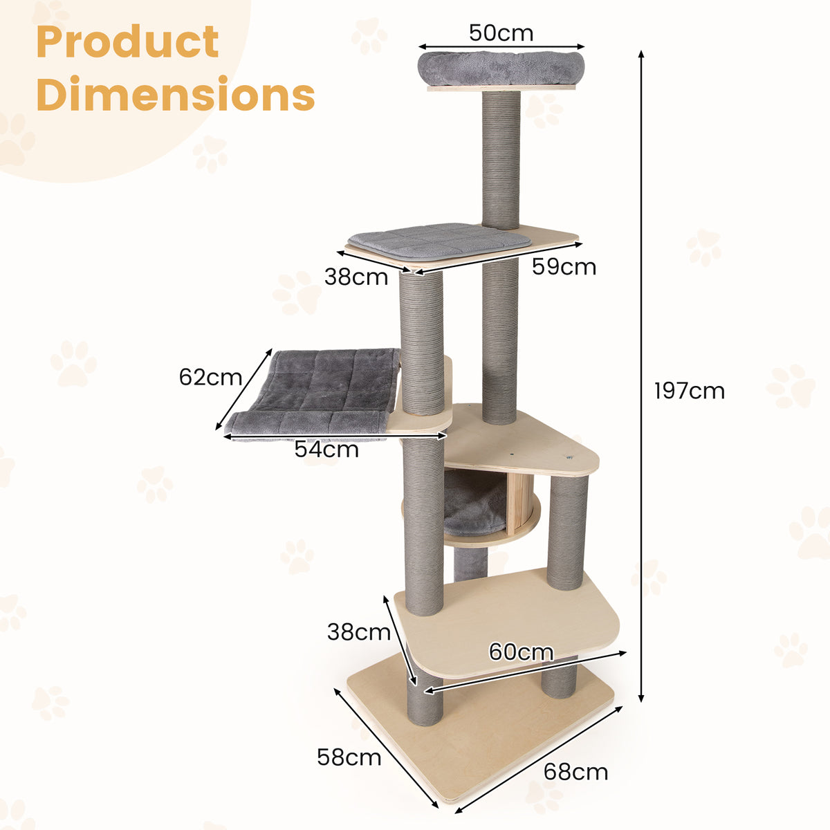 197 CM Tall Cat Tree with Comfy Padded Top Perch-Grey