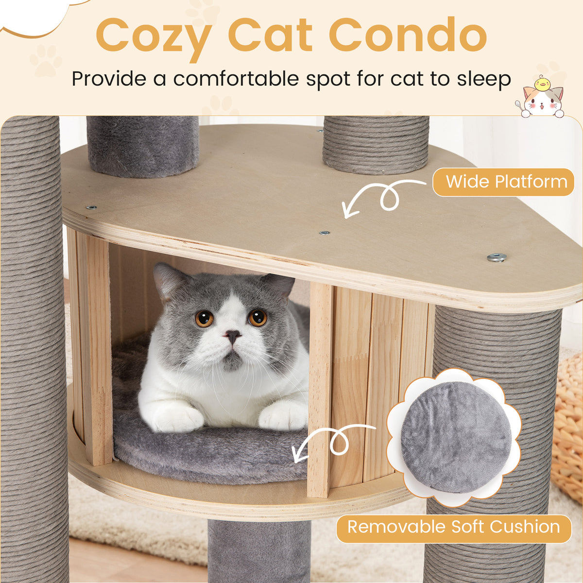 197 CM Tall Cat Tree with Comfy Padded Top Perch-Grey