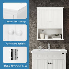 Close-ups of the wall cabinet showing decorative molding, handles and hinges