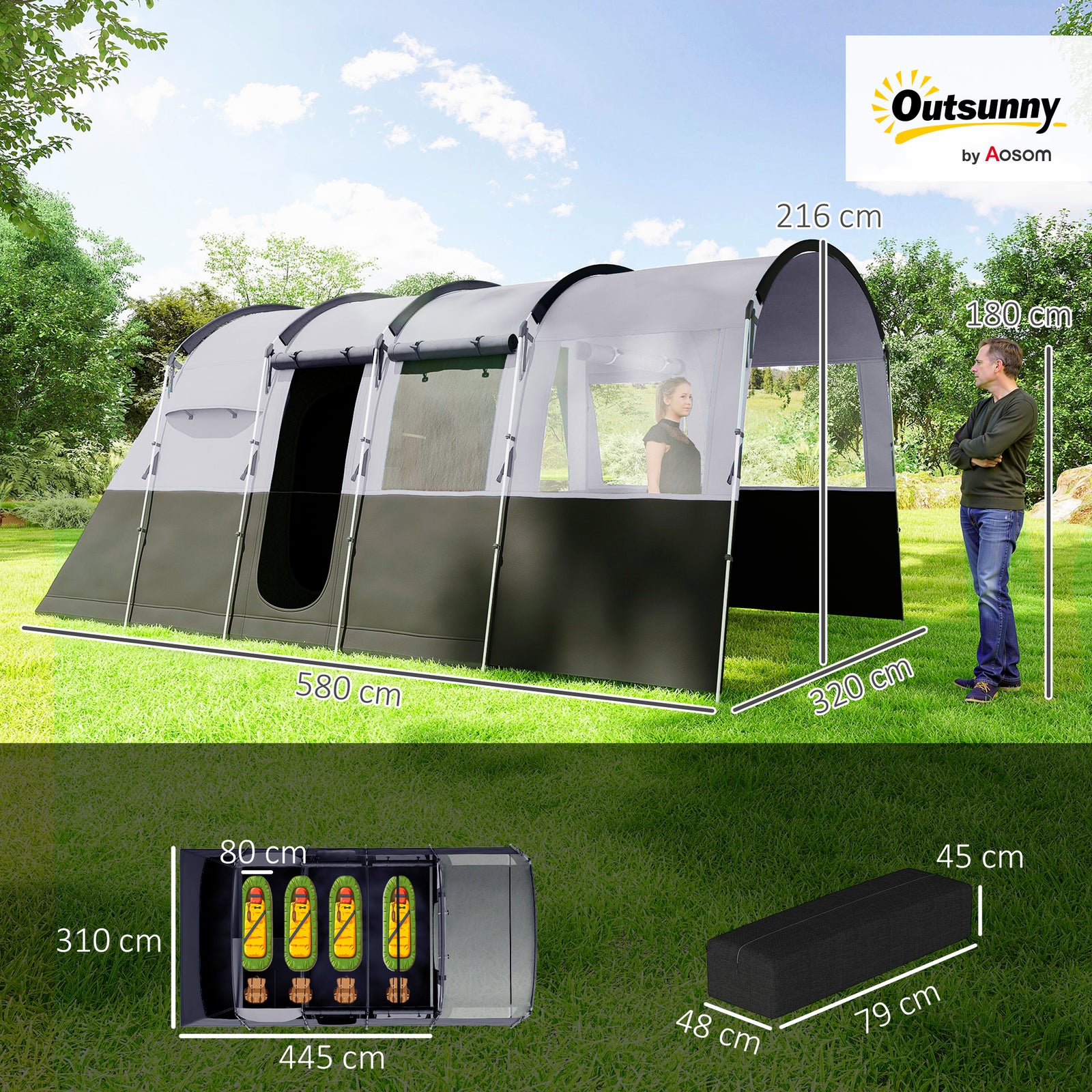 Outsunny 4 Person Camping Tent, Waterproof Family Tent, Tunnel Design, 4 Large Windows, Sleeping Cabins 3000mm Water Column Grey