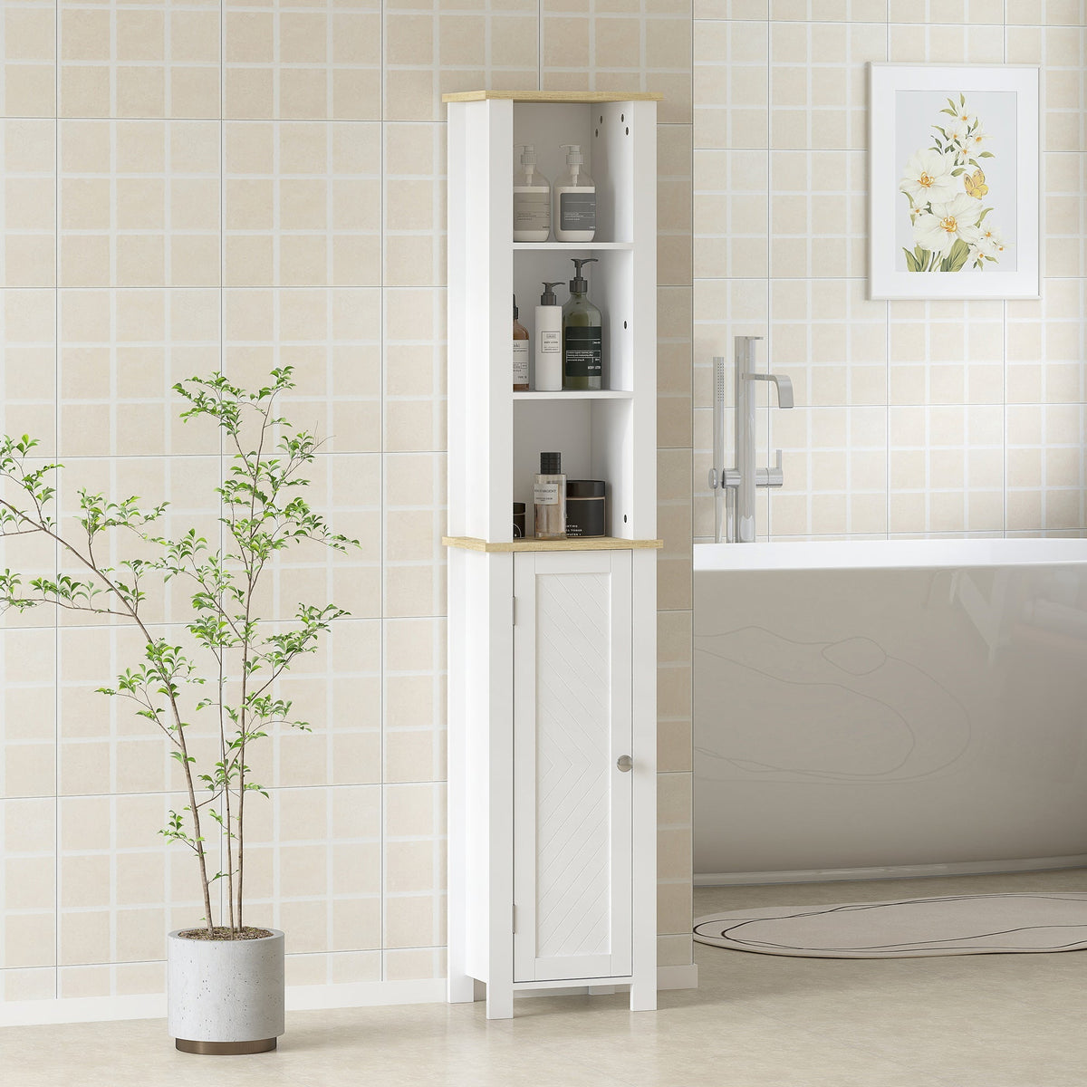 kleankin Slim Bathroom Storage Unit with Open Compartment, Bathroom Storage Cabinet with Adjustable Shelf, 34 x 23 x 165 cm, White