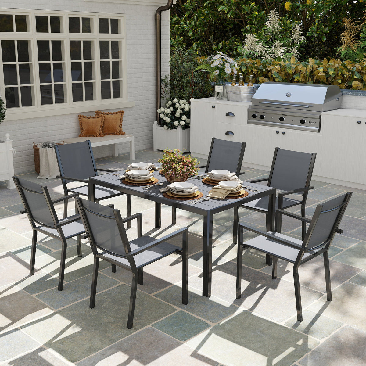 Outsunny 7 Piece Garden Dining Set, Outdoor Furniture Set with 6 Stackable Chairs and 150 cm Rectangle Table, WPC Slatted Top, Rust-Resistant Steel Frame, for Garden, Porch, Terrace
