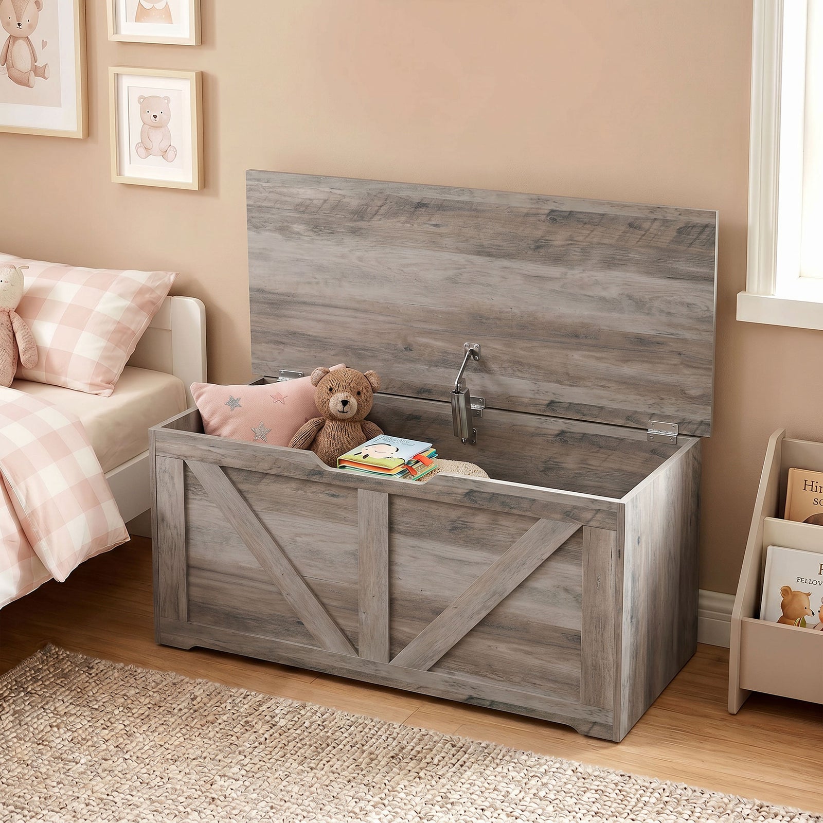 HOMCOM 100L Home Storage Box, with Safety Hinge - Grey Wood-Effect