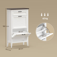 HOMCOM Shoe Cabinet with 2 Flip Drawers, Farmhouse Narrow Shoe Storage Cabinet with Adjustable Shelves, White
