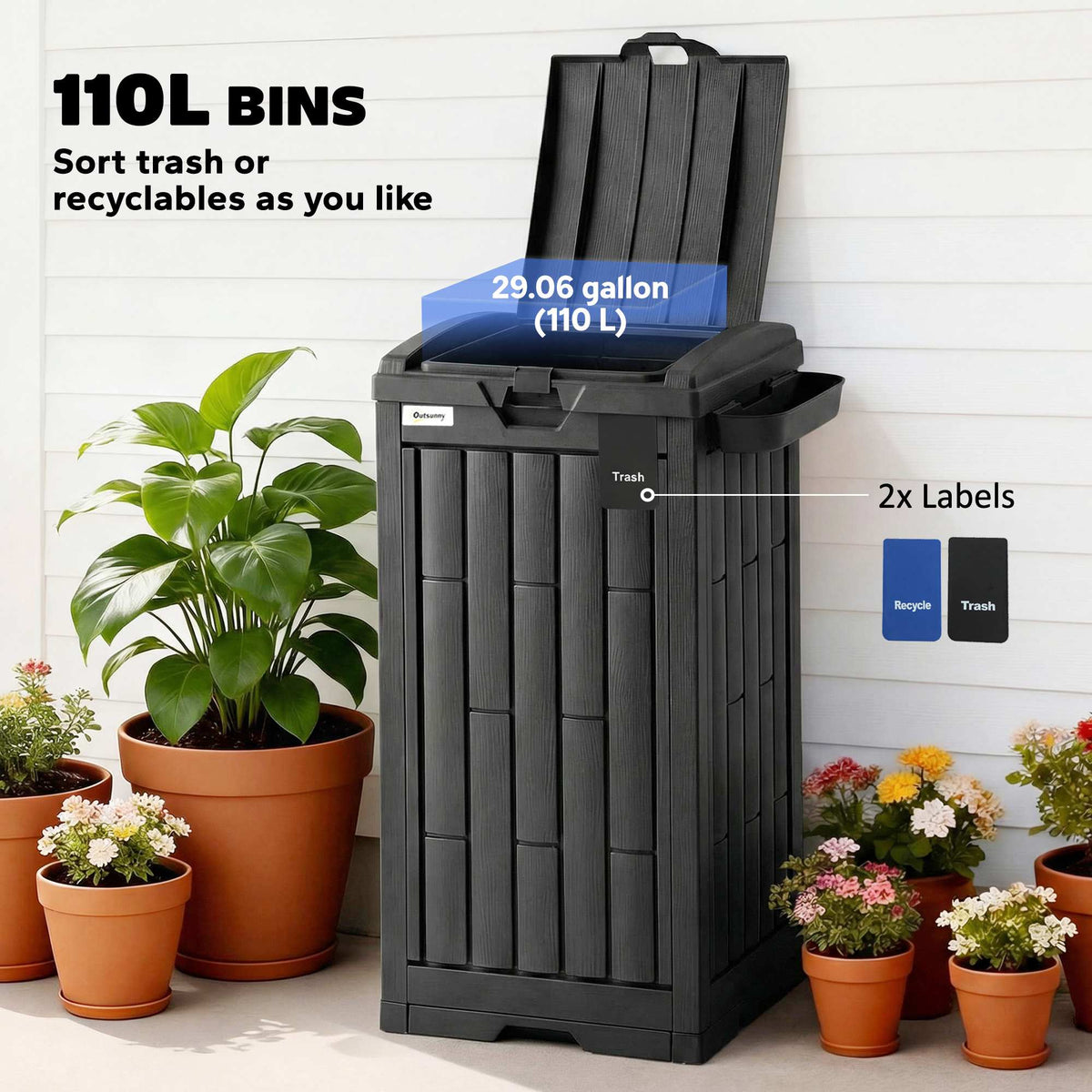 Outsunny 110 L Outdoor Bin with Dual Lid, Waterproof Plastic Trash Bin with Ashtray and Drip Tray, Garden Waste Trash Bin, Black