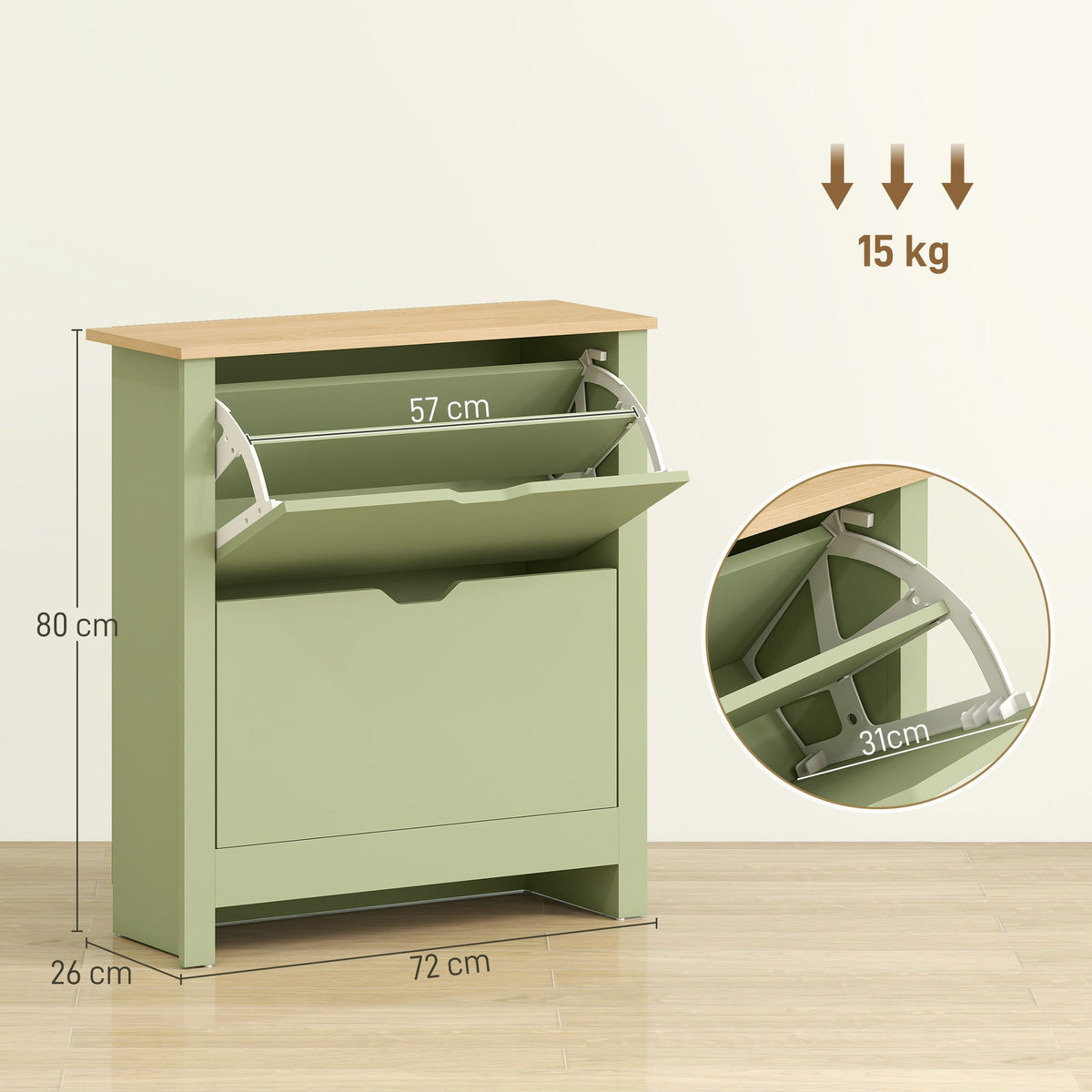 HOMCOM Slim Shoe Cabinet, Narrow Shoe Cupboard with 2 Flip Drawers, Adjustable Shelves for 12 Pairs of Shoes, Green