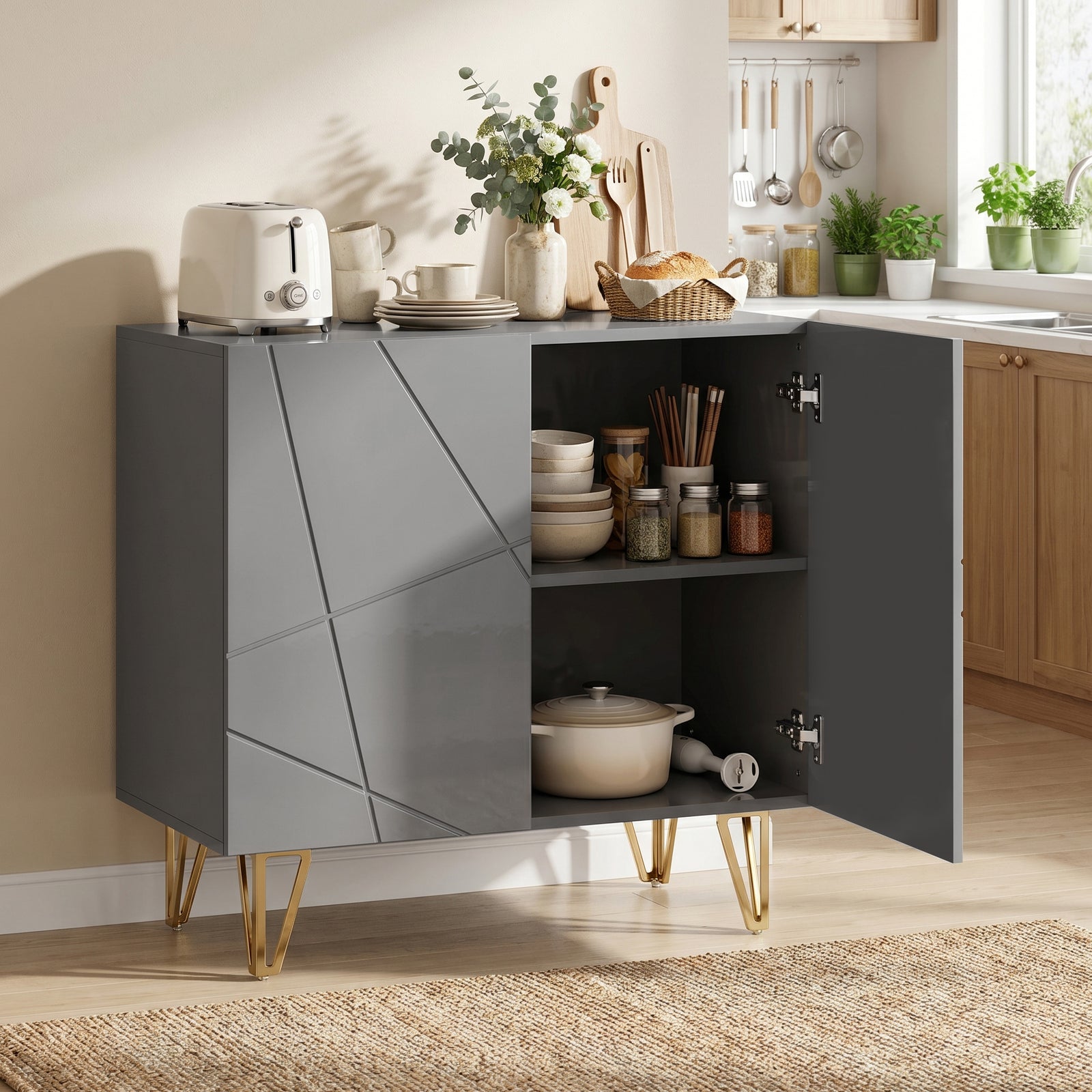 HOMCOM Modern Luxe High Gloss Sideboard, with Hairpin Legs - Grey