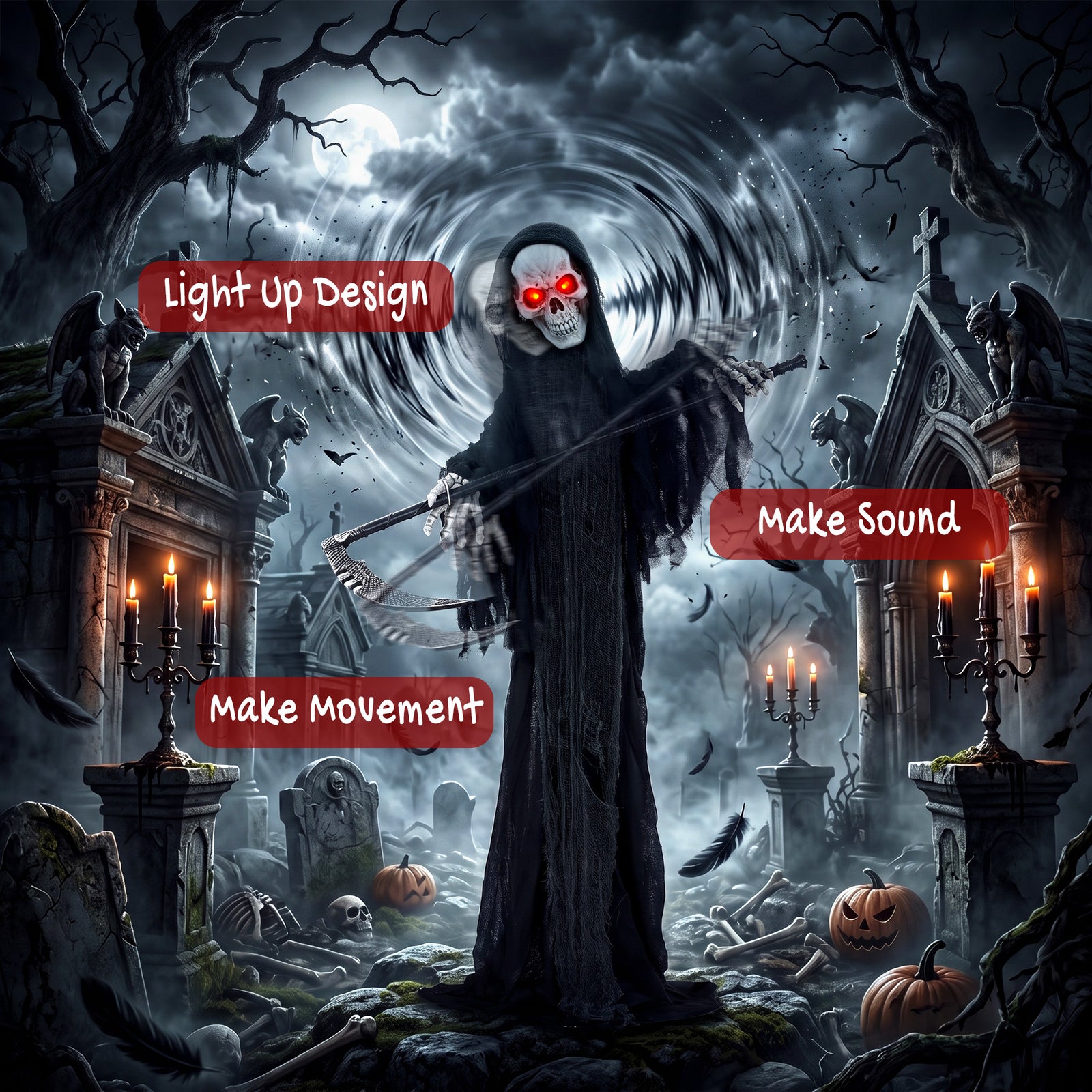 HOMCOM 183cm Life Size Animated Grim Reaper Halloween Decoration, Scary Halloween Animatronics Decor with Sound Touch Activated