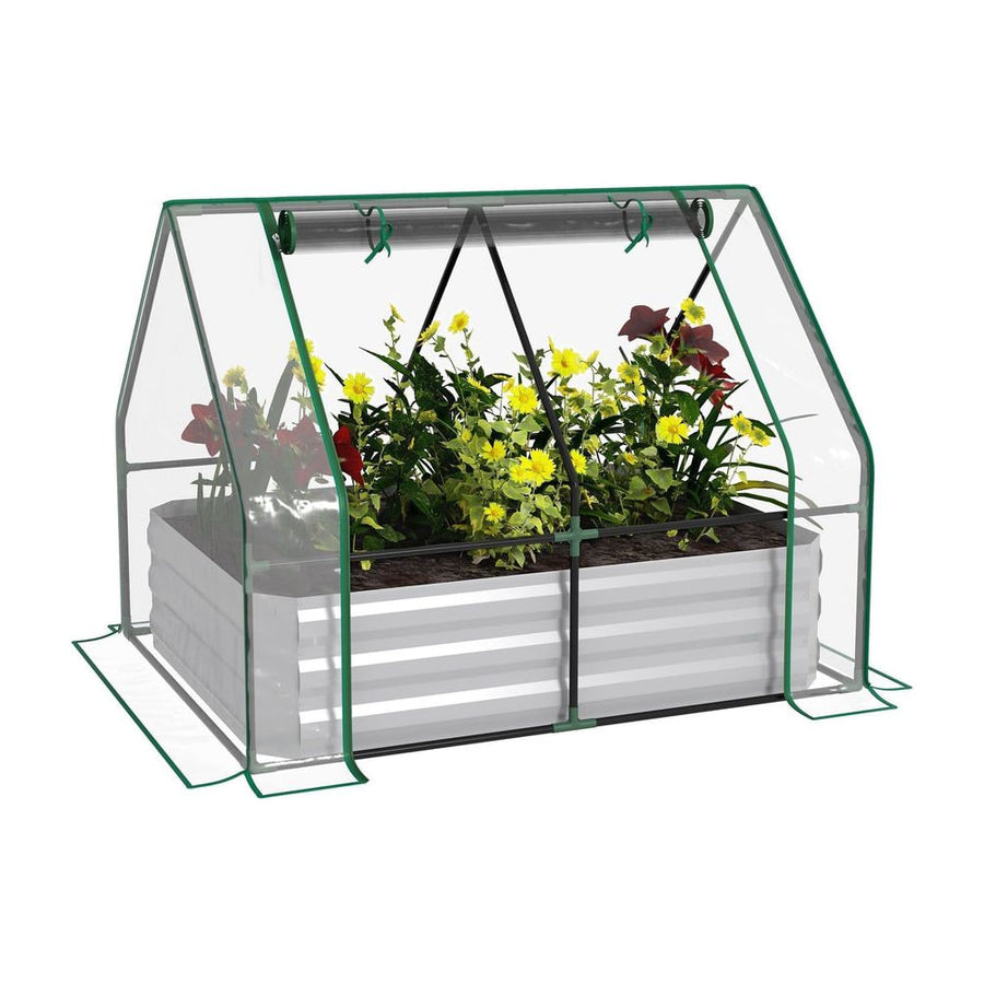Outsunny Raised Garden Bed with Greenhouse, Steel Planter Box with Plastic Cover, Roll Up Window, Dual Use for Flowers