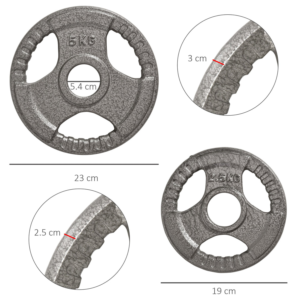 HOMCOM Set of 4 Weight Plate for 2 inch/5cm hole Dumbbell Handle Bar 15kg Dumbbell Plates Barbell Weight 2 x 5kg, 2 x 2.5kg