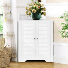 The corner storage cabinet display unit shown in a bathroom setting next to a shower