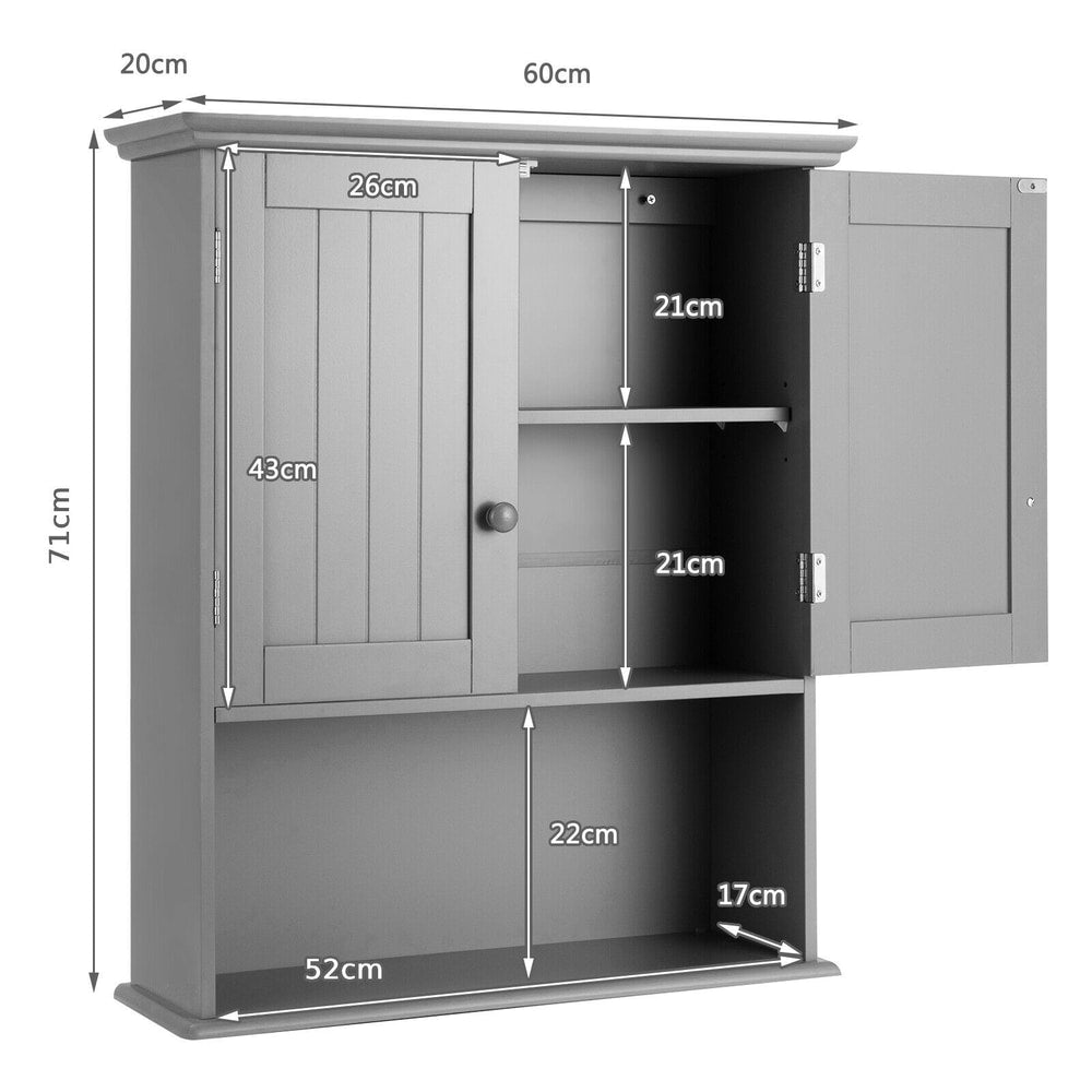 Grey wall cabinet with dimensions shown for height, width and depth