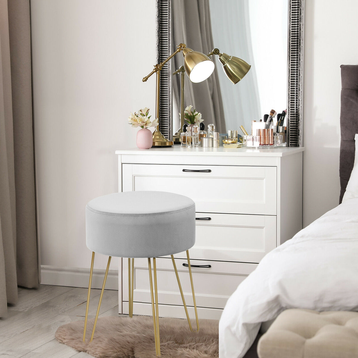 Round Velvet Stool with Hairpin Legs-Gray