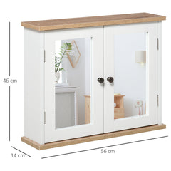 White bathroom mirror cabinet with double doors and a wooden top, showing dimensions