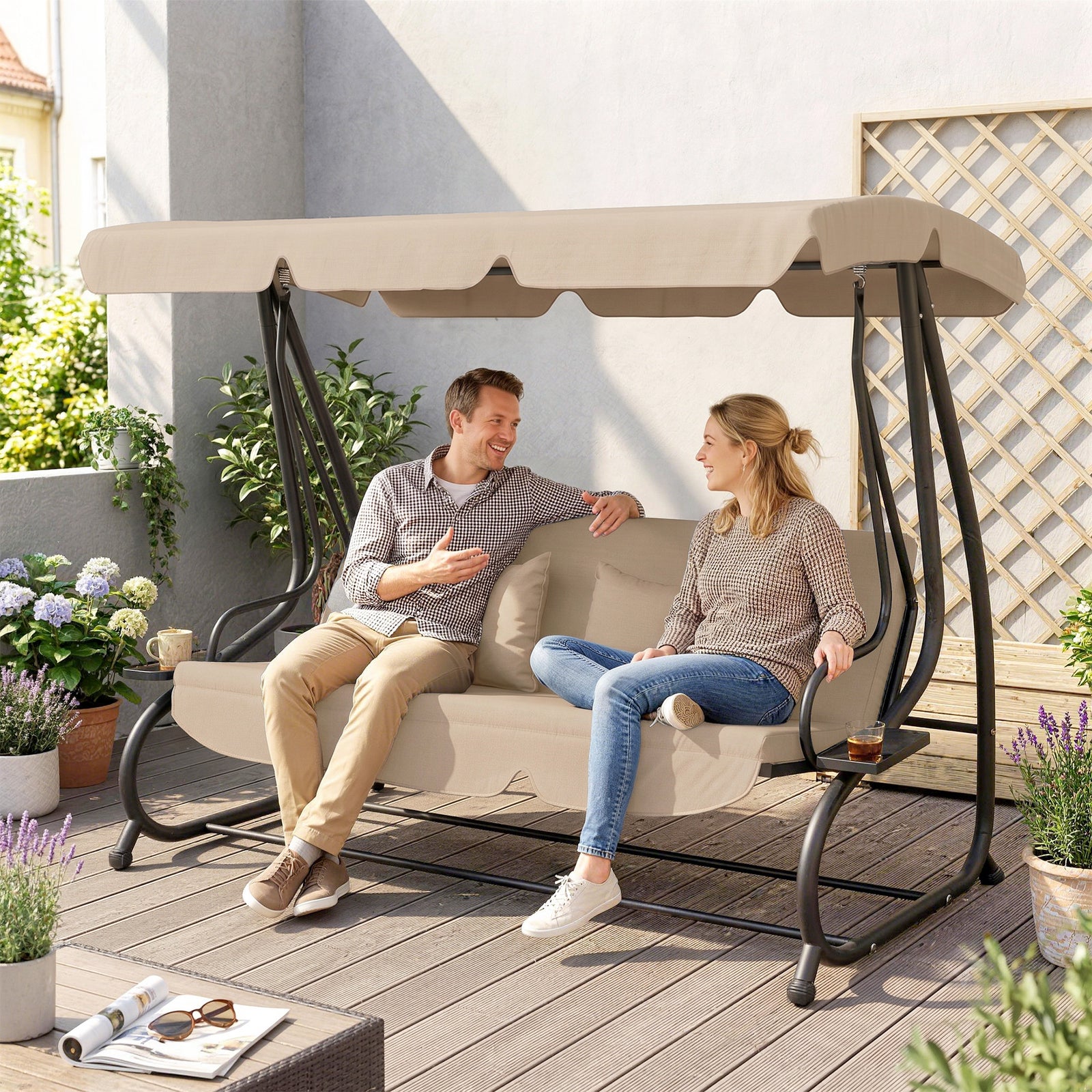 Outsunny Three-Person garden Swing Chair, with Adjustable Canopy - Light Brown