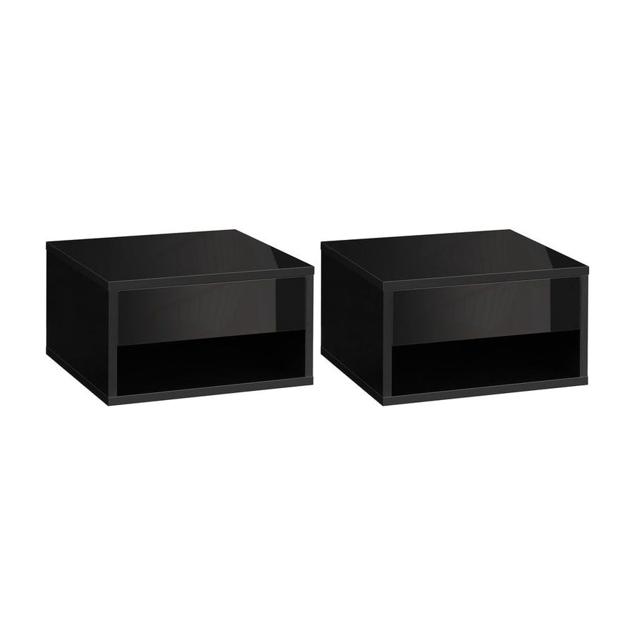 HOMCOM 2 Pieces Bedside Table Wall Mounted Nightstand with Drawer and Shelf for Bedroom, 37 x 32 x 21cm, High Gloss Black