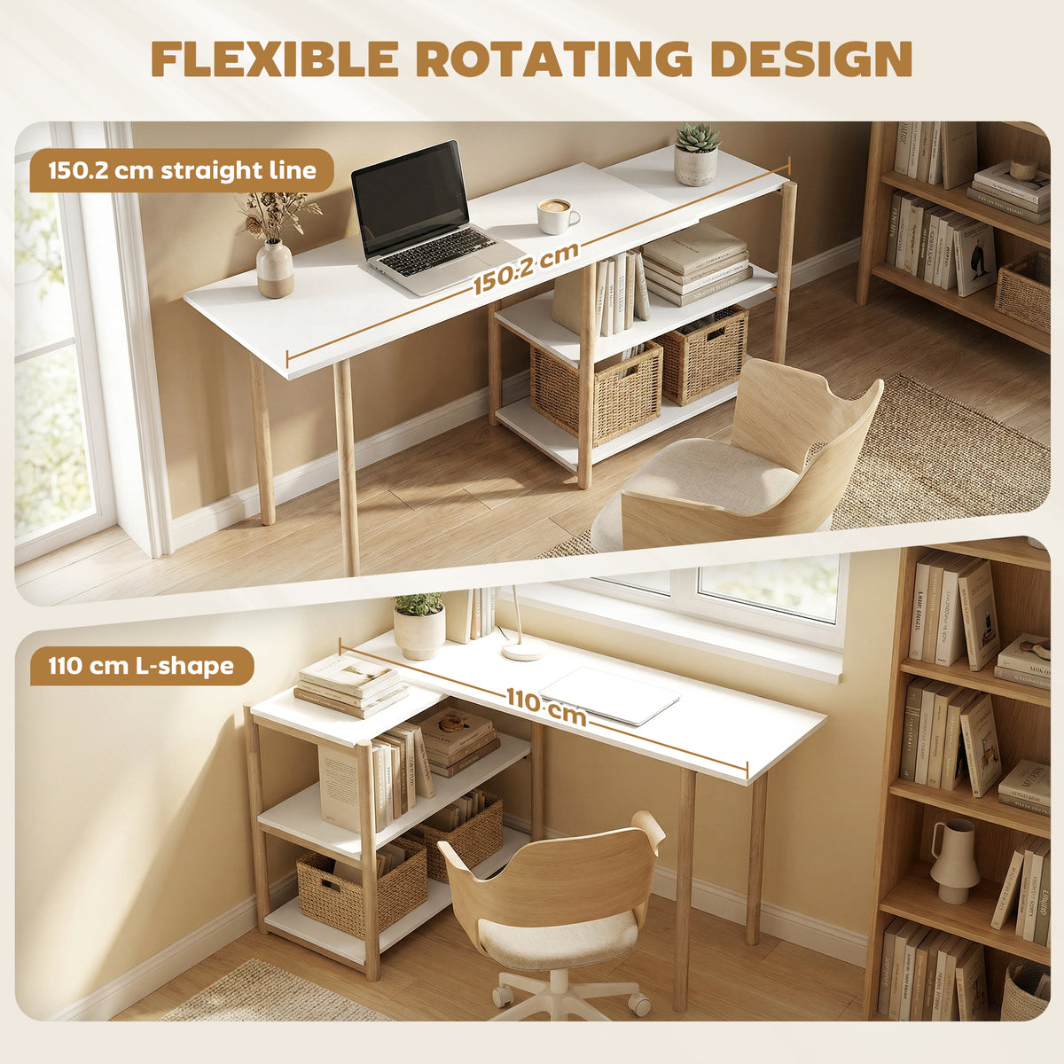 Flexible rotating design of the computer desk shown in straight and L-shape configurations