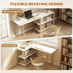 Flexible rotating design of the computer desk shown in straight and L-shape configurations