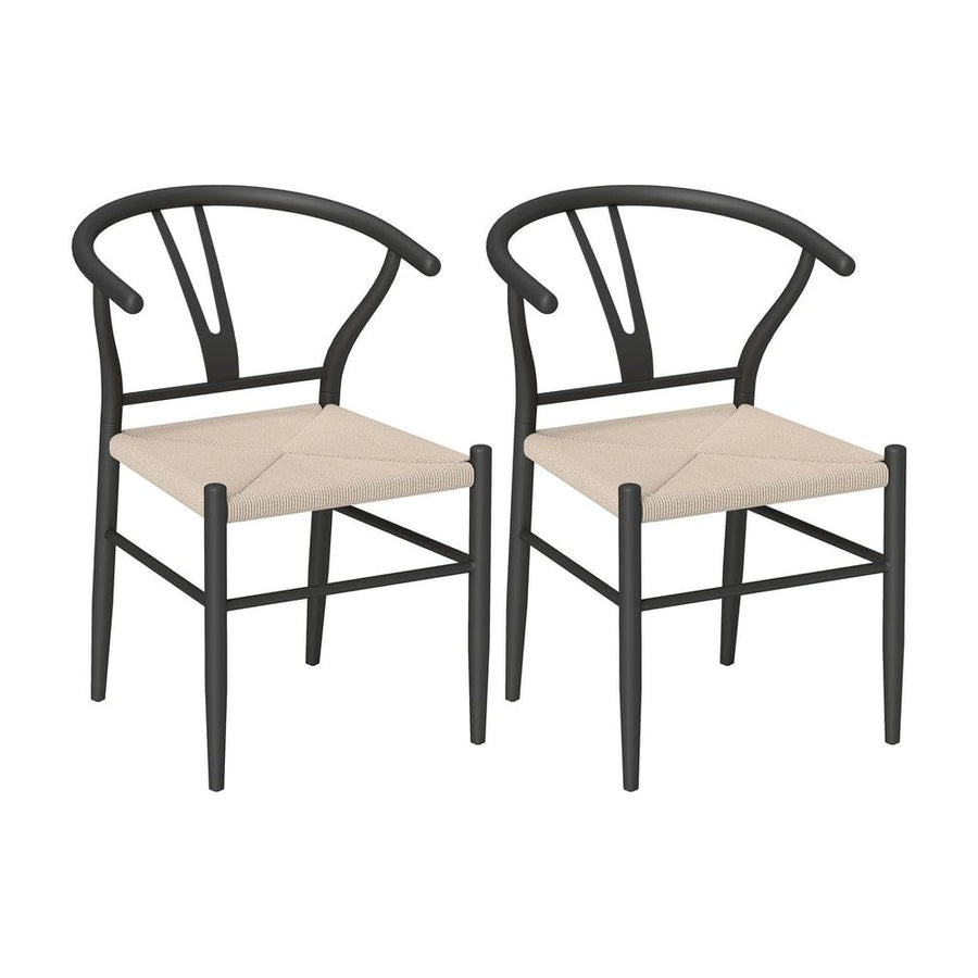 HOMCOM Set of Two Weave Dining Chairs with Y-Shaped Backrest Hemp Seat - Black/Beige