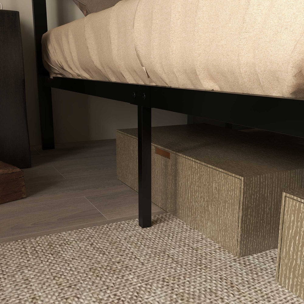 Close up of the bed legs and under bed storage boxes