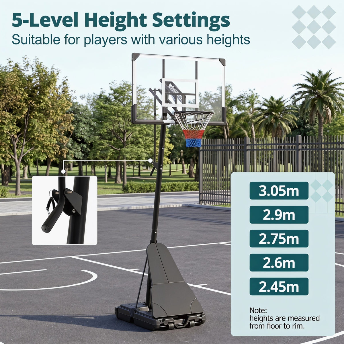 2.45-3.05M Portable Basketball Hoop Height Adjustable with Shatterproof Backboard