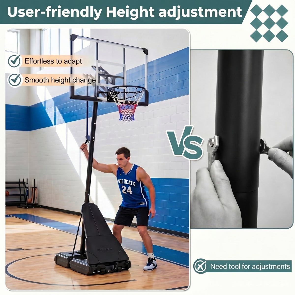 2.45-3.05M Portable Basketball Hoop Height Adjustable with Shatterproof Backboard
