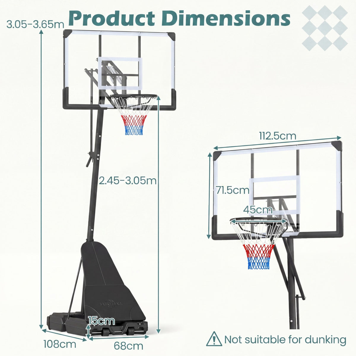 2.45-3.05M Portable Basketball Hoop Height Adjustable with Shatterproof Backboard