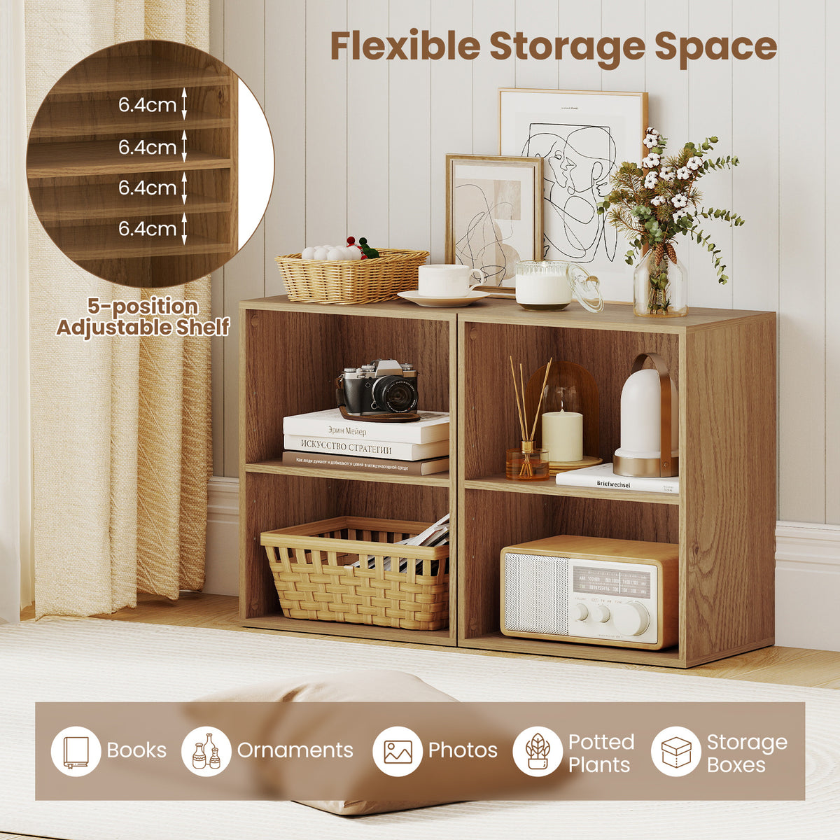 2-Cube Bookcase Floor Standing Open Bookshelf with 5-Position Adjustable Shelf-Natural