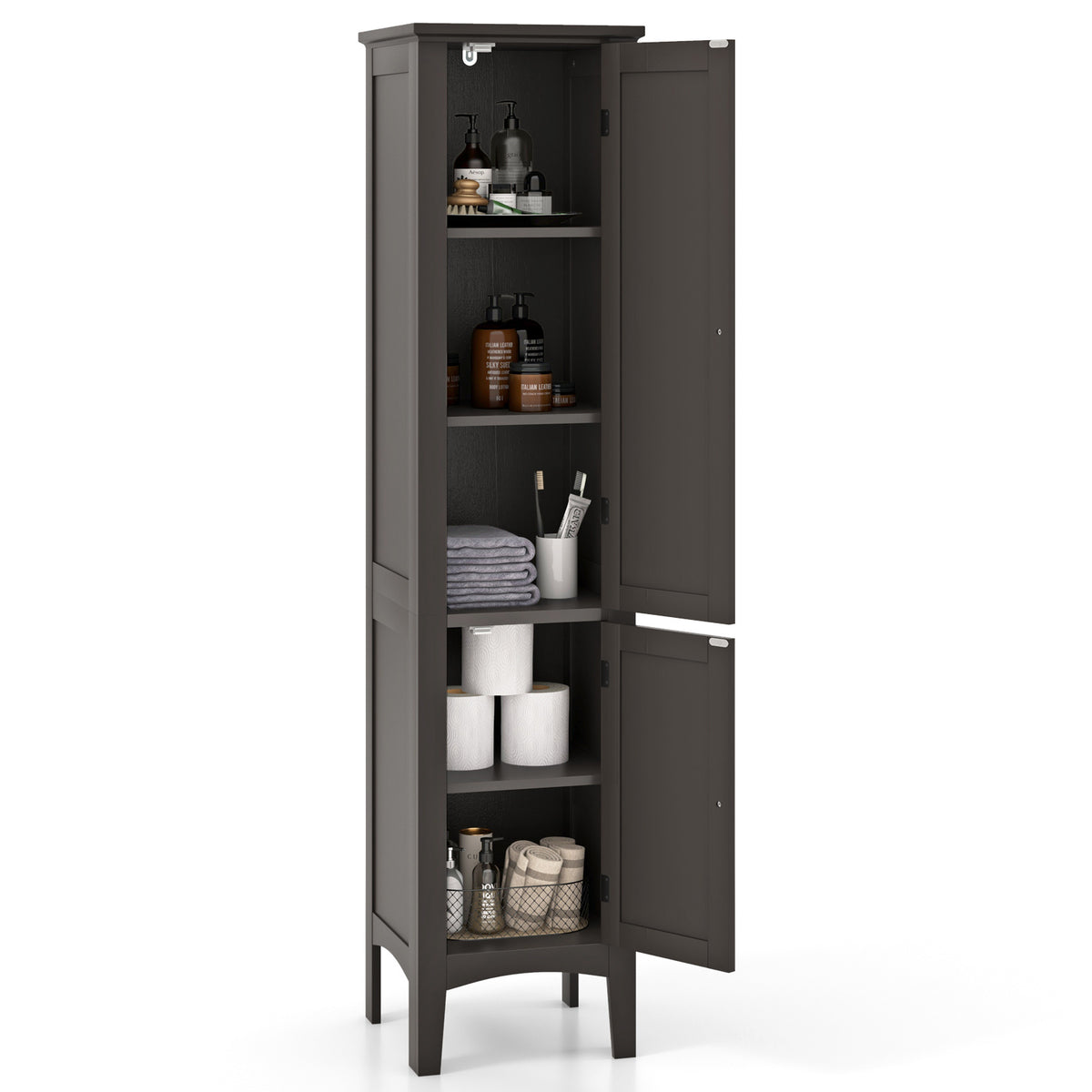 2-Door 160cm High Freestanding Bathroom Cabinet with 5-Tier Shelves-Coffee