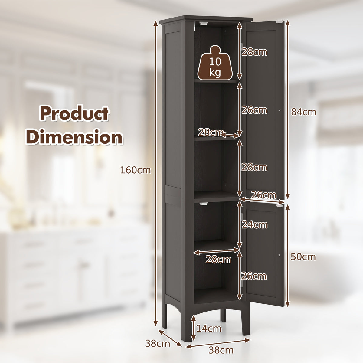 2-Door 160cm High Freestanding Bathroom Cabinet with 5-Tier Shelves-Coffee