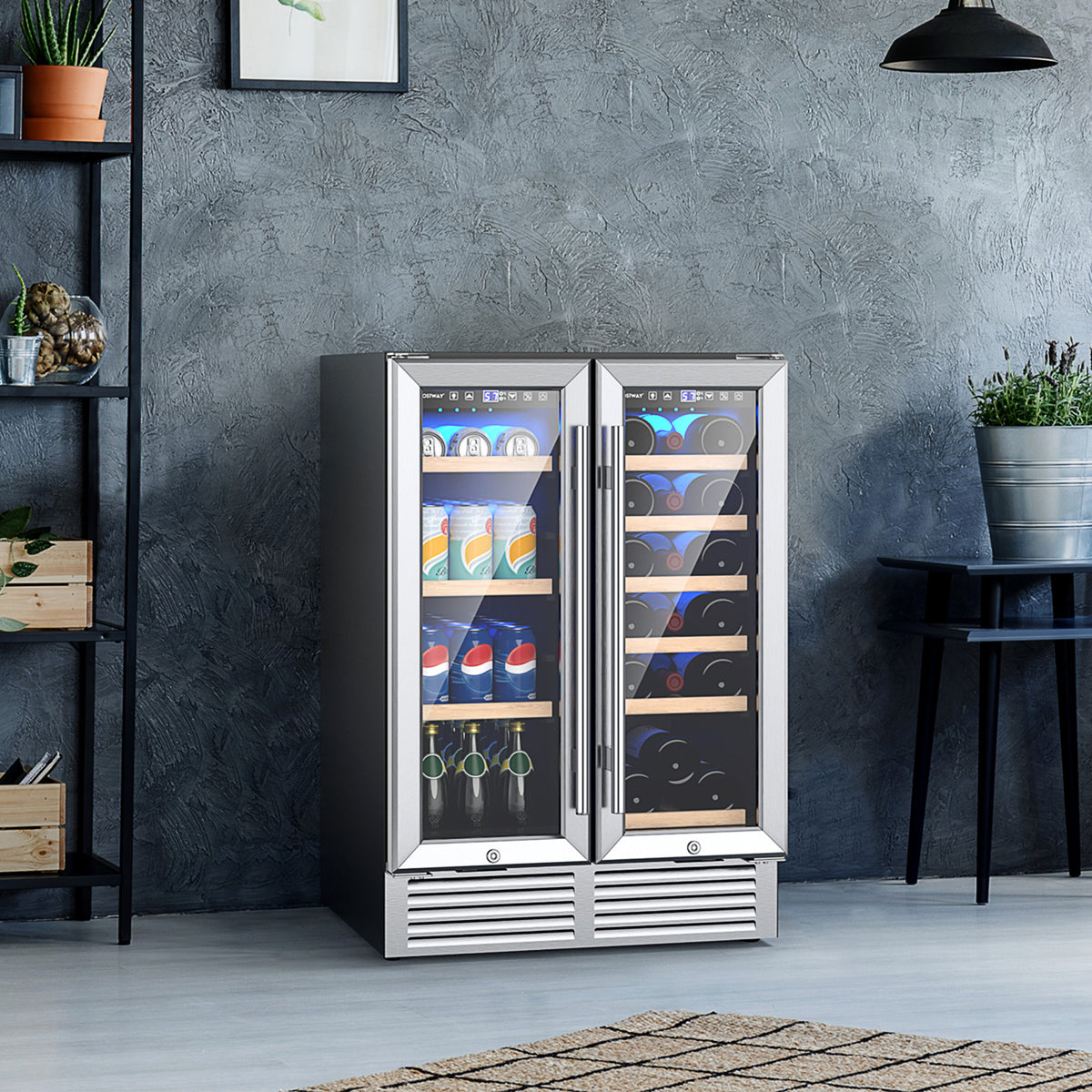 2-Door Dual Zone Beverage Wine Fridge with Auto Defrost Function-Silver