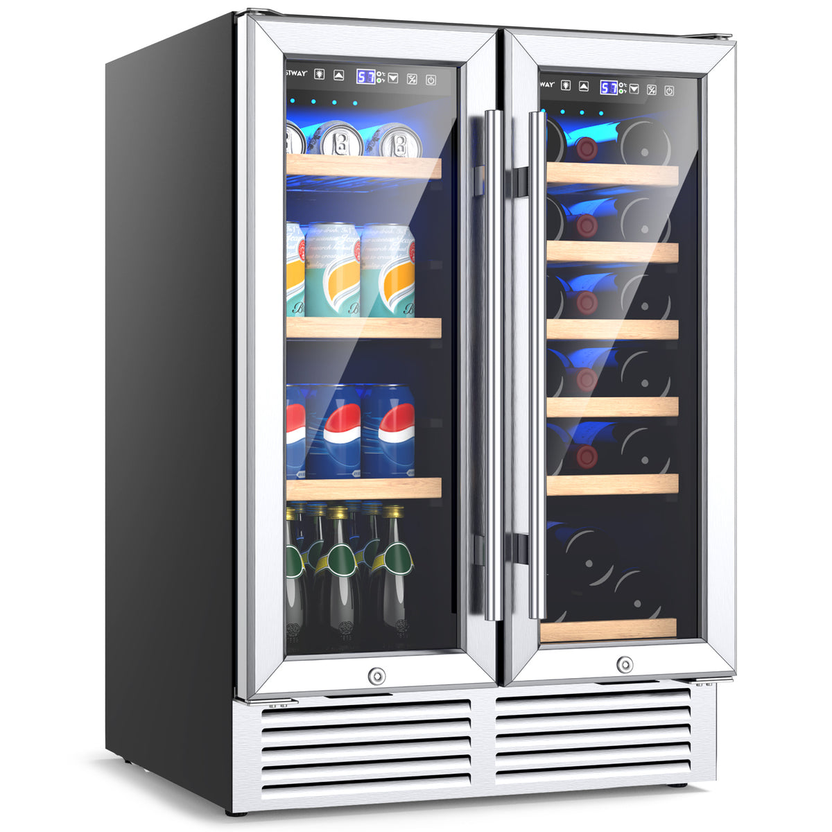 2-Door Dual Zone Beverage Wine Fridge with Auto Defrost Function-Silver
