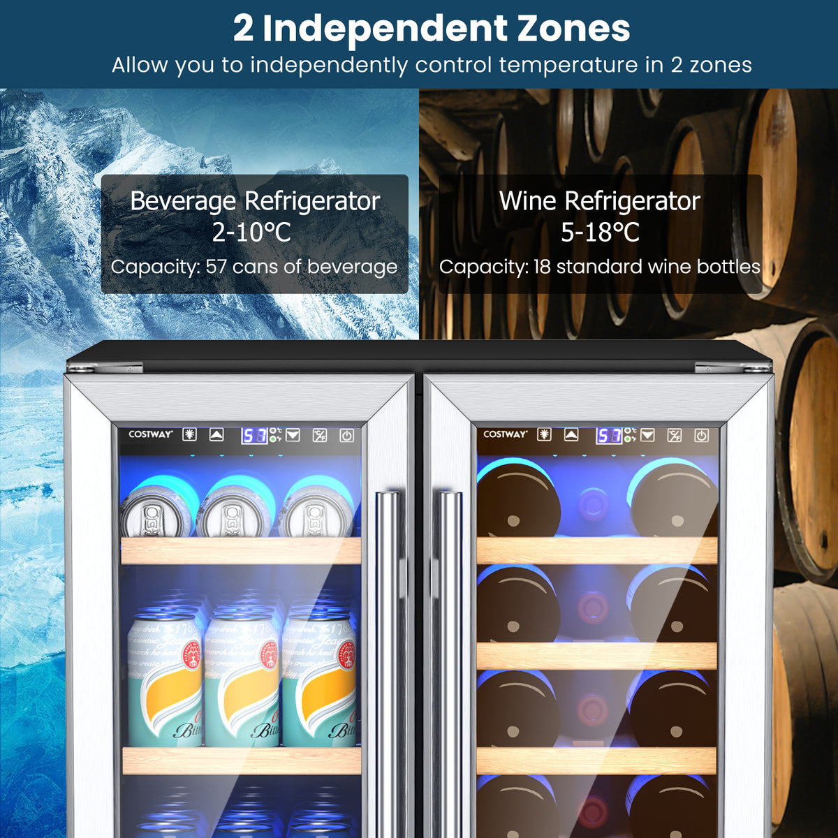 2-Door Dual Zone Beverage Wine Fridge with Auto Defrost Function-Silver