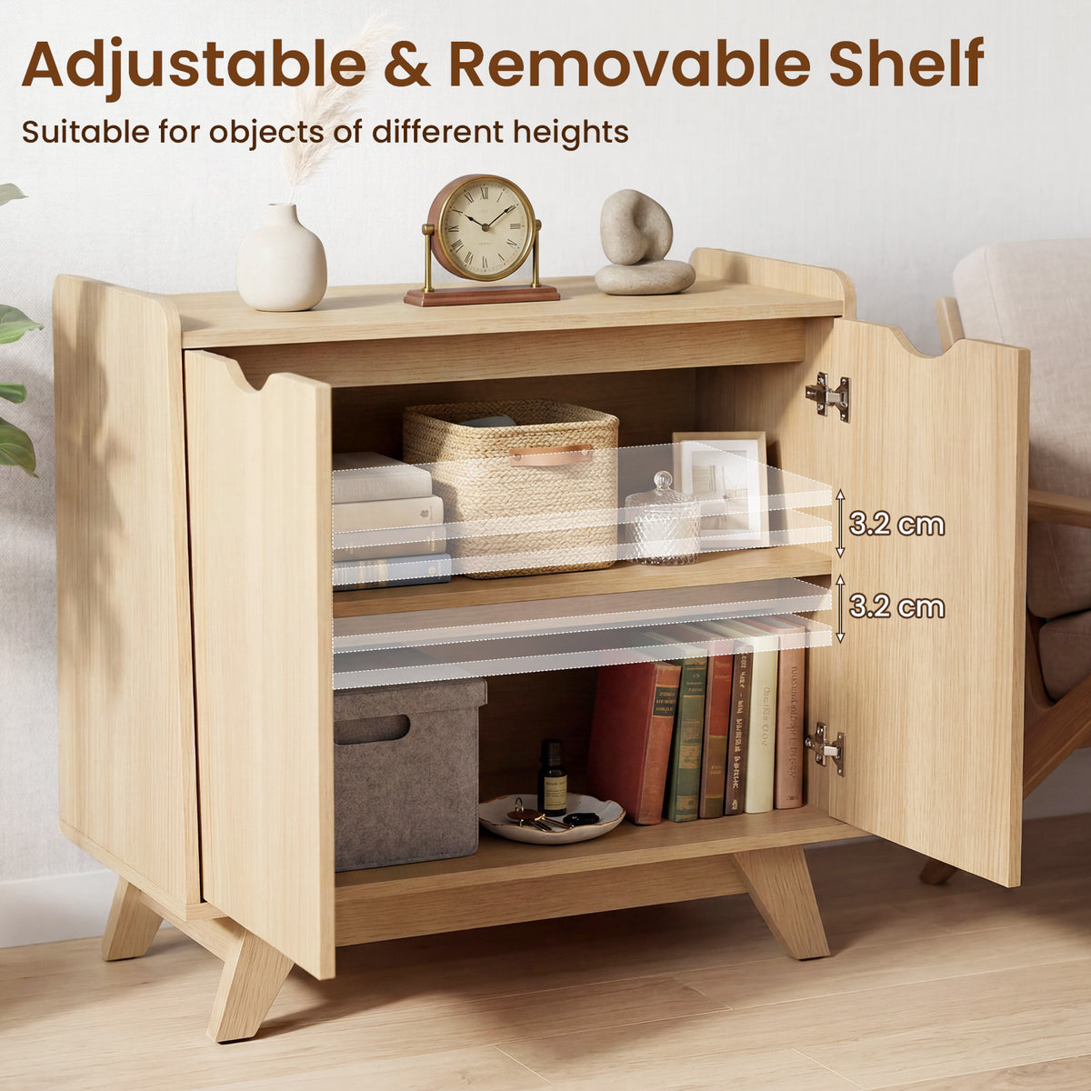 2 Door Modern Wooden Buffet Sideboard Organizer with Adjustable Shelf-Natural