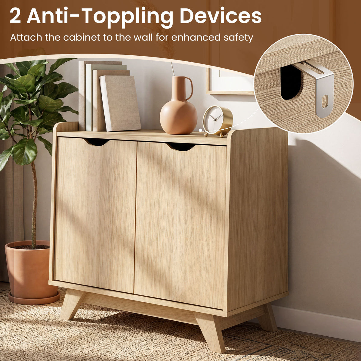 2 Door Modern Wooden Buffet Sideboard Organizer with Adjustable Shelf-Natural