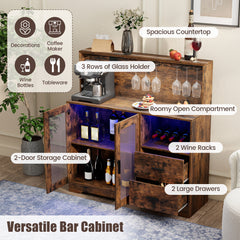 2-Door Wine Bar Cabinet with LED Lights and Charging Station for Kitchen-Rustic Brown