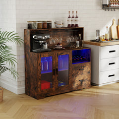 2-Door Wine Bar Cabinet with LED Lights and Charging Station for Kitchen-Rustic Brown