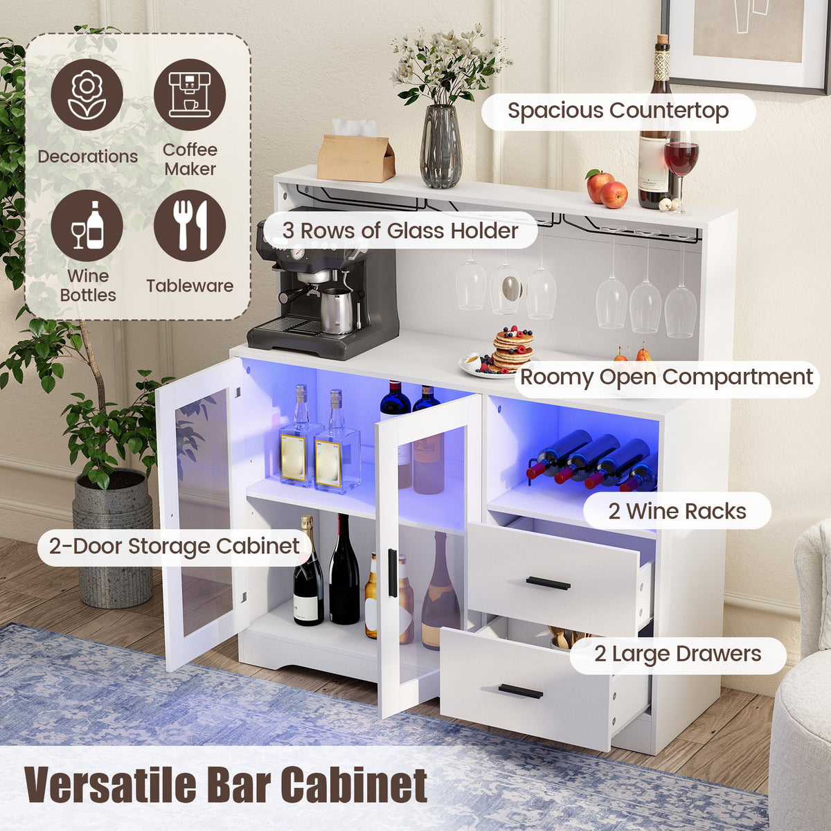 2-Door Wine Bar Cabinet with LED Lights and Charging Station for Kitchen-White