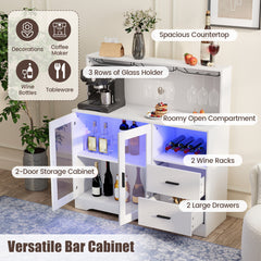 2-Door Wine Bar Cabinet with LED Lights and Charging Station for Kitchen-White