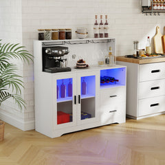 2-Door Wine Bar Cabinet with LED Lights and Charging Station for Kitchen-White