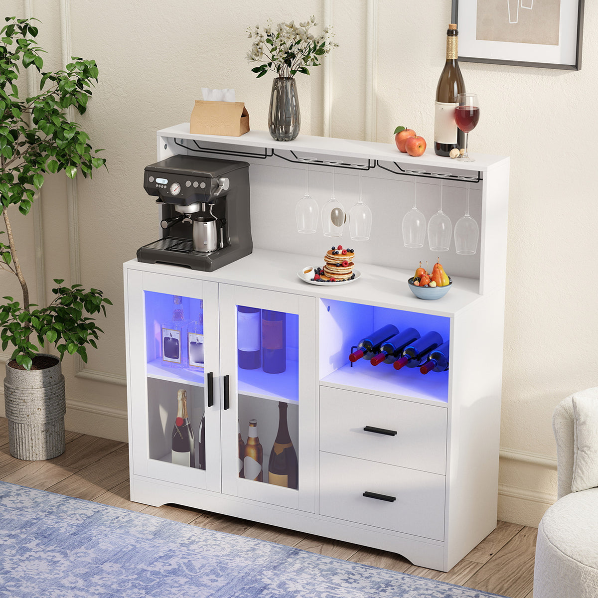2-Door Wine Bar Cabinet with LED Lights and Charging Station for Kitchen-White