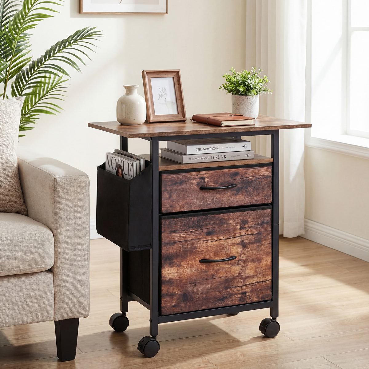 2-Drawer Mobile File Cabinet with Extended Tabletop and Rolling Printer Stand-Brown