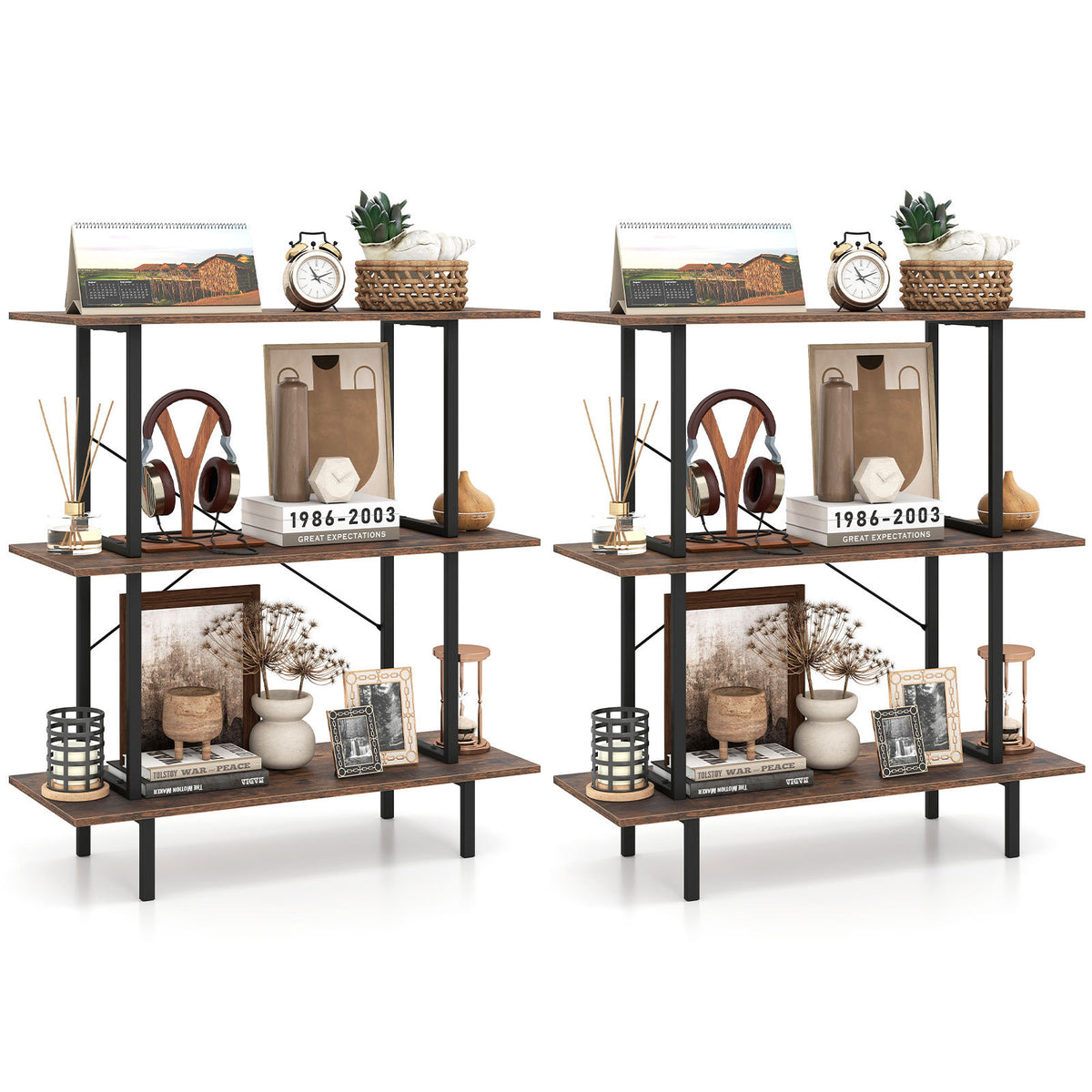 Two rustic brown industrial bookcases, each with three shelves, decorated with various items