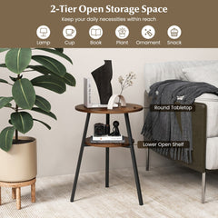 The end table in a room with labels pointing to the round tabletop and lower open shelf