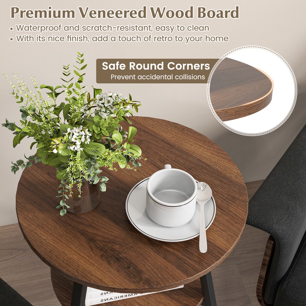 The side table top view showing the wood grain finish and a close-up of the rounded edge