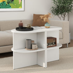 White half moon side table in a living room setting